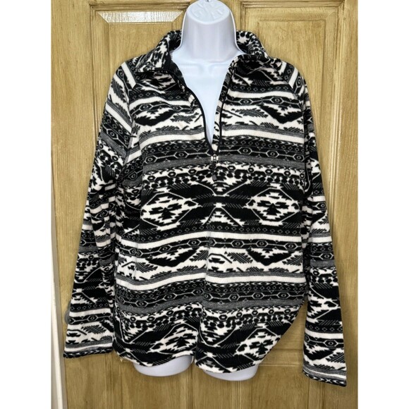 Eddie Bauer Womens Tribal Print Pullover Size XL Black Aztec Ultra Soft Fleece - Picture 1 of 8